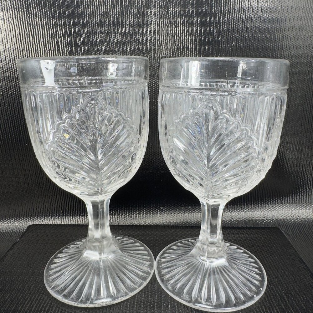 Antique McKee Bros Clear Ribbed Palm Goblets Cups Set 2 Stemware Glasses VTG